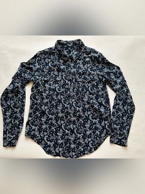 PAIGE Navy Paisley Long-Sleeve Button Shirt with Light Blue Accents size S